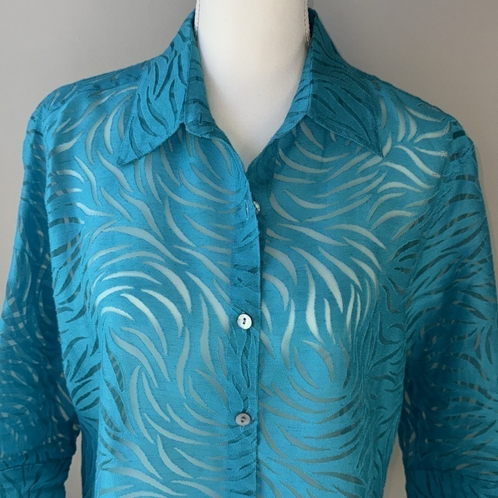 Vintage Mirasol Turquoise Burnout Shirt Flax Blend  Button Up Lightweight Medium - Picture 3 of 9